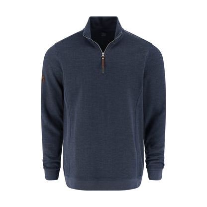 Navy blue pullover with a quarter zip on a white background
