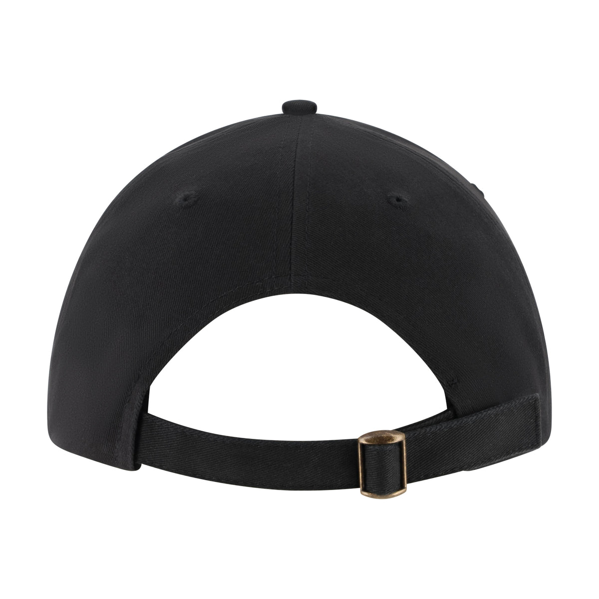 The back view of a black baseball cap with an adjustable black strap and a small gold-tone metal slider buckle, shown on a solid white background.