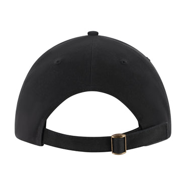 The back view of a black baseball cap with an adjustable black strap and a small gold-tone metal slider buckle, shown on a solid white background.