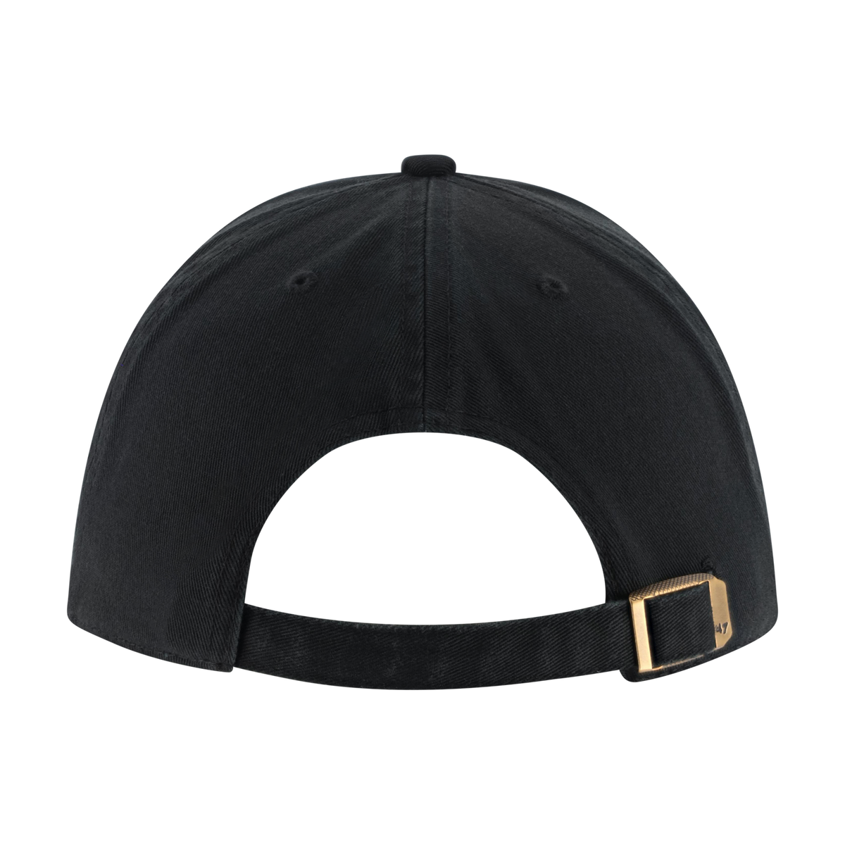 Black cap with a gold buckle on a white background