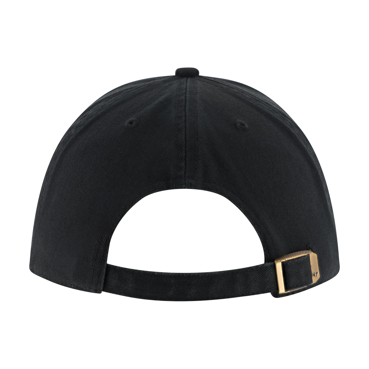 Black cap with a gold buckle on a white background