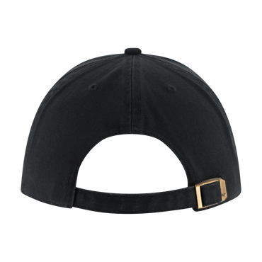 Black cap with a gold buckle on a white background