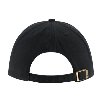 Black cap with a gold buckle on a white background
