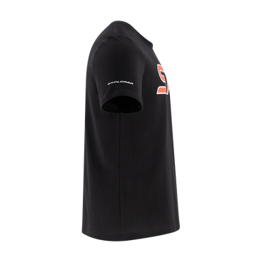 Black t-shirt with branding on a white background