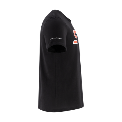 Black t-shirt with branding on a white background