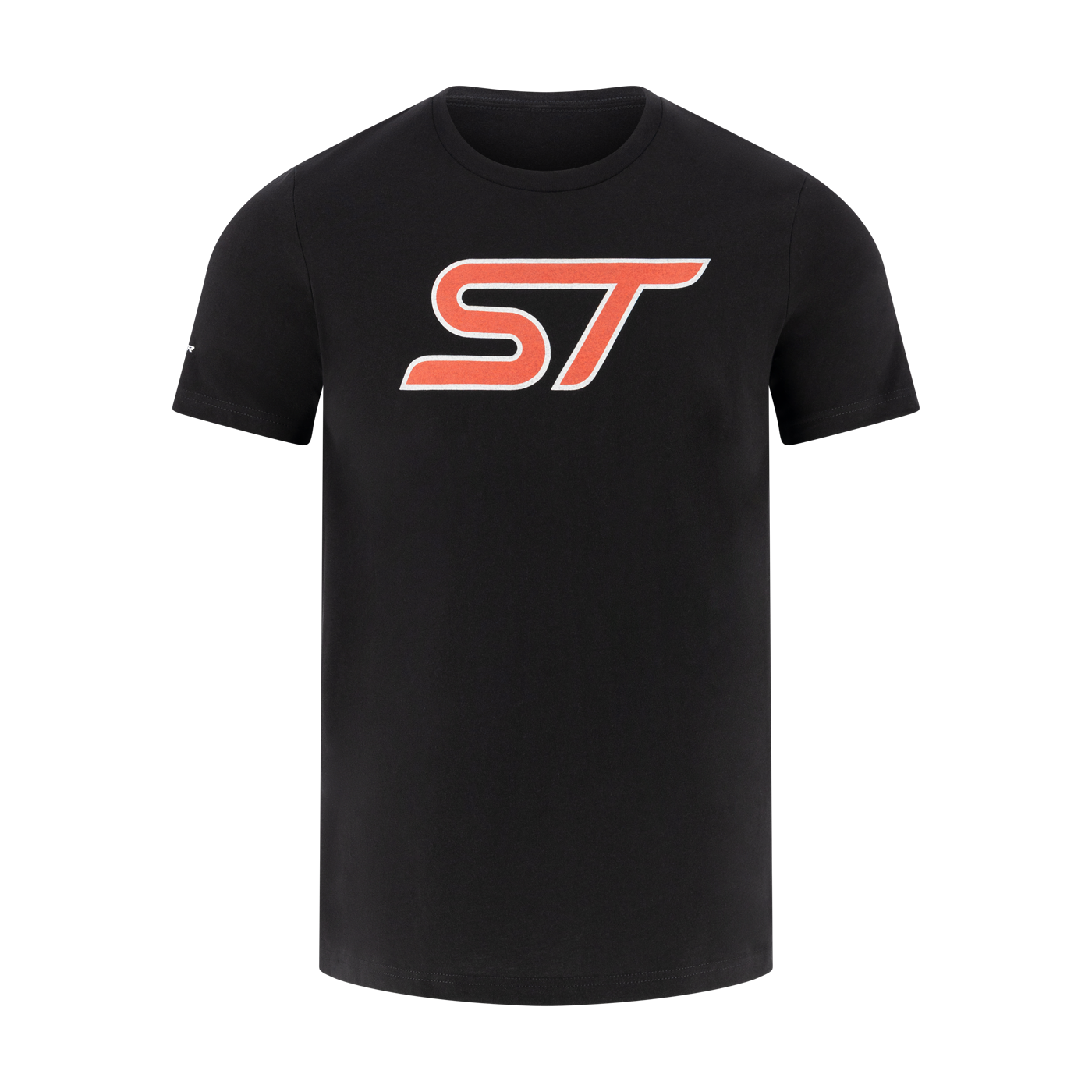 Black t-shirt with orange 'ST' logo on a white background