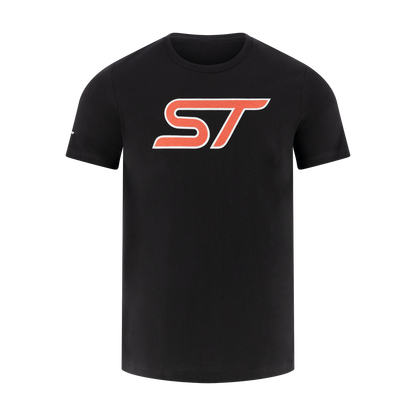 Black t-shirt with orange 'ST' logo on a white background