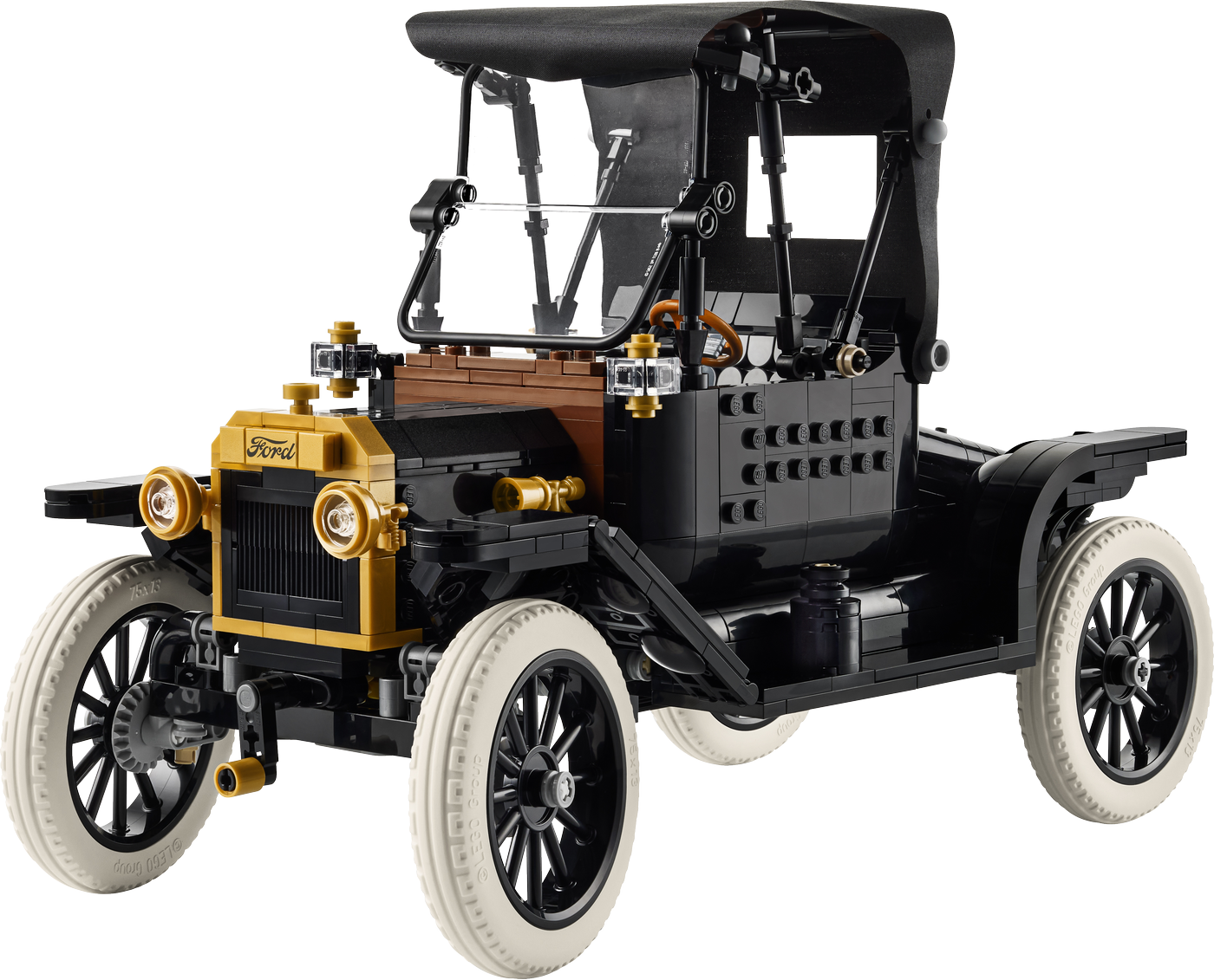 Model of an old-fashioned car made from interlocking bricks on a white background