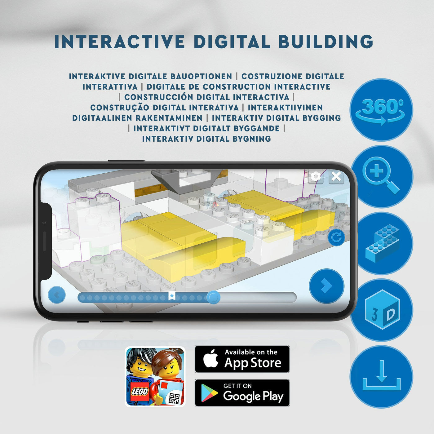 Phone displaying an interactive digital building app with multiple language text and app store icons.