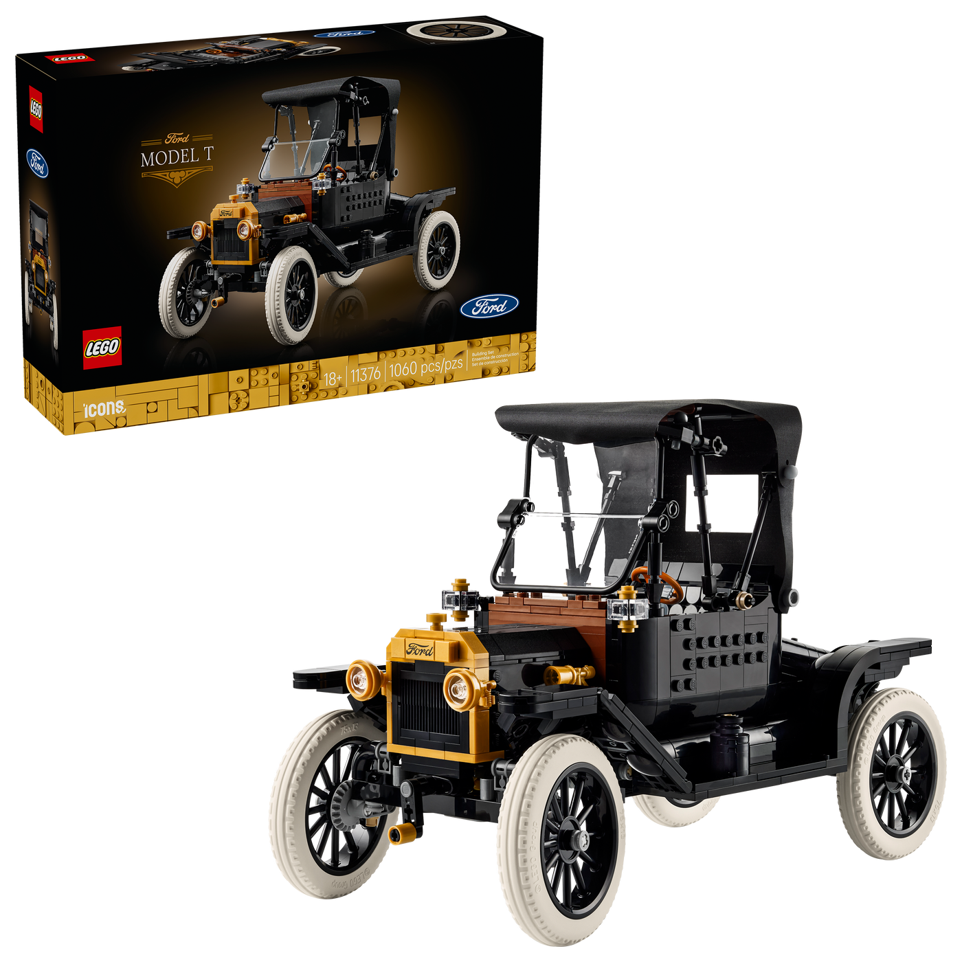 LEGO Model T Ford car set with packaging on a white background