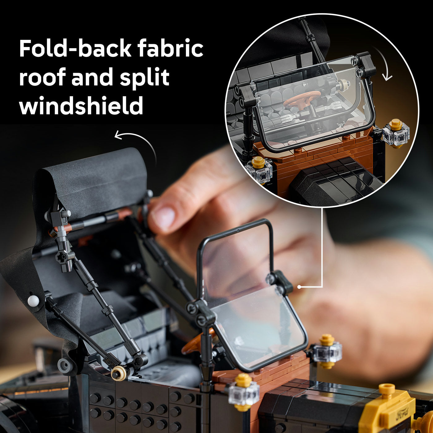 Close-up of a LEGO model with fold-back fabric roof and split windshield feature.