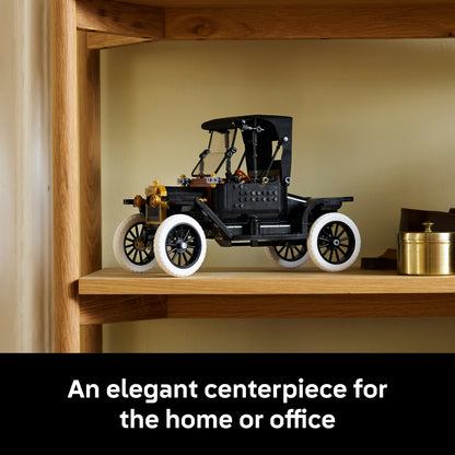 Vintage car model on a wooden shelf with text 'An elegant centerpiece for the home or office'.