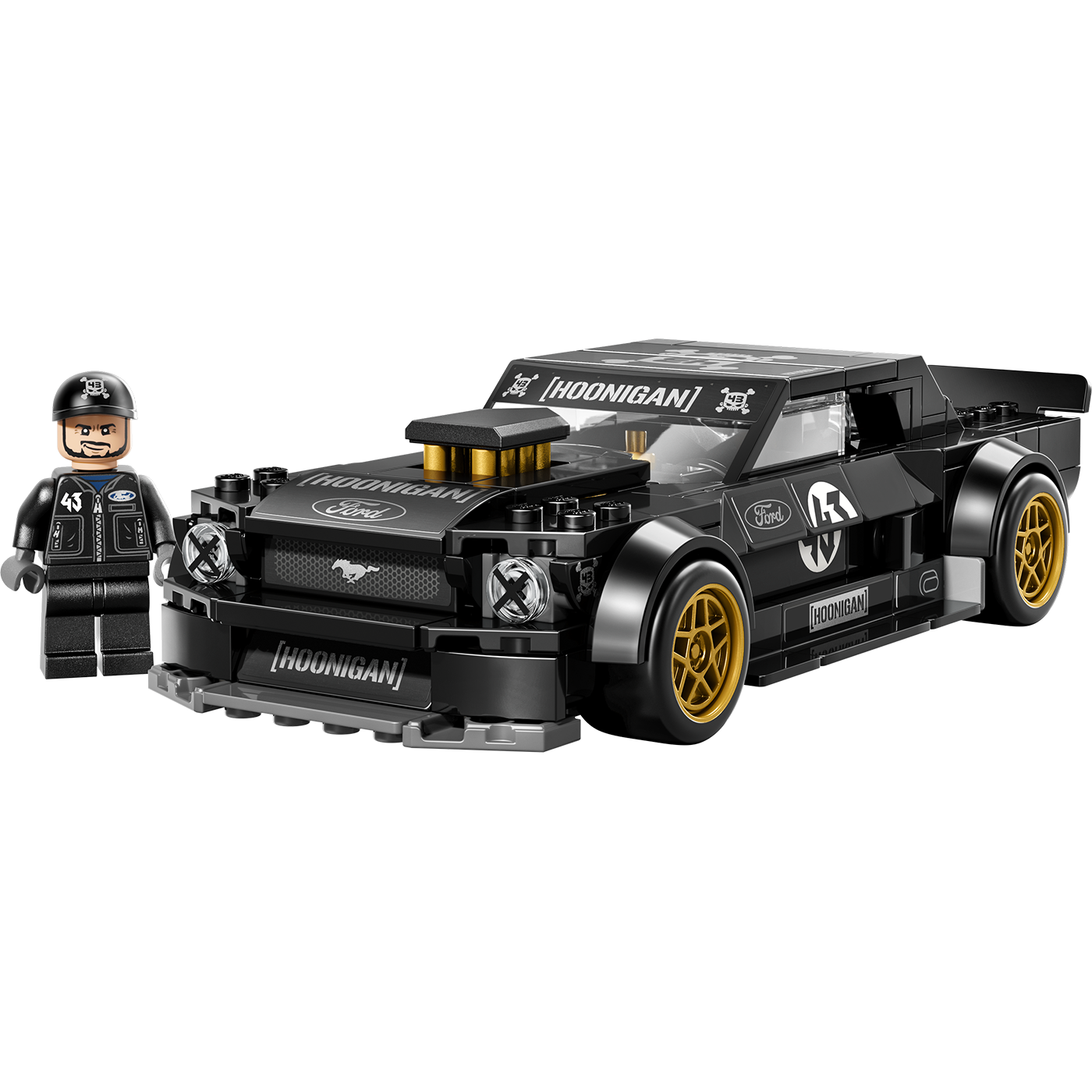LEGO model of a black Ford car with 'Hoonigan' branding and a LEGO figure next to it on a white background.