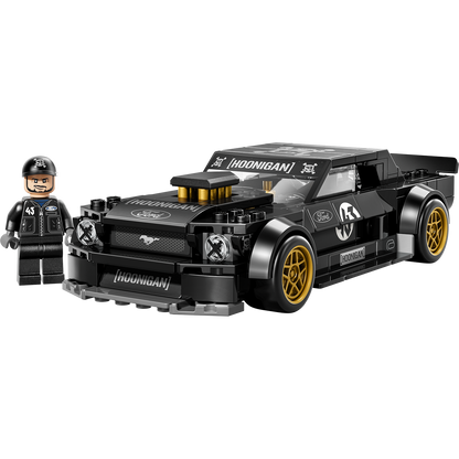 LEGO model of a black Ford car with 'Hoonigan' branding and a LEGO figure next to it on a white background.