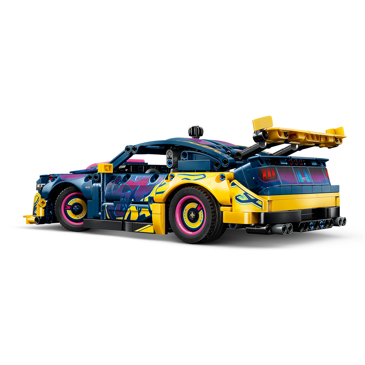 Colorful toy car with a blue and yellow design on a white background
