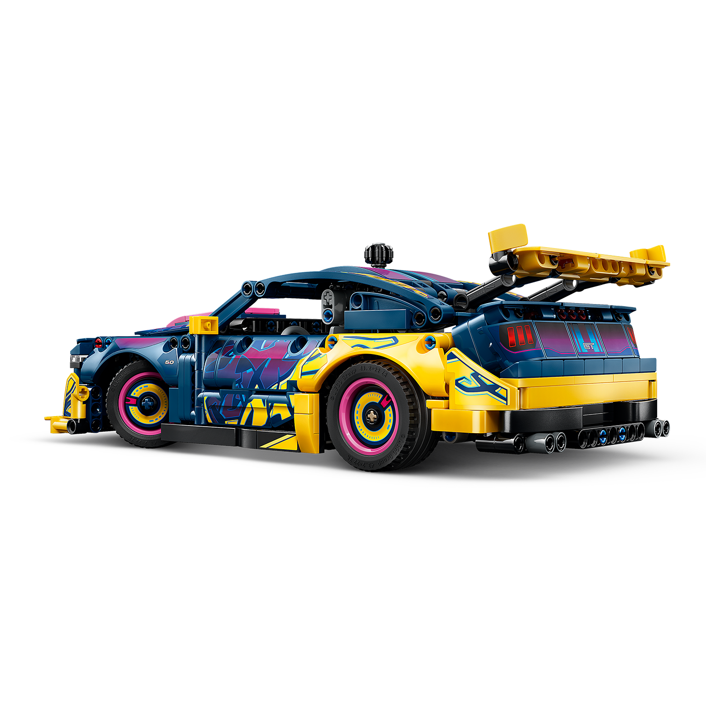 Colorful toy car with a blue and yellow design on a white background