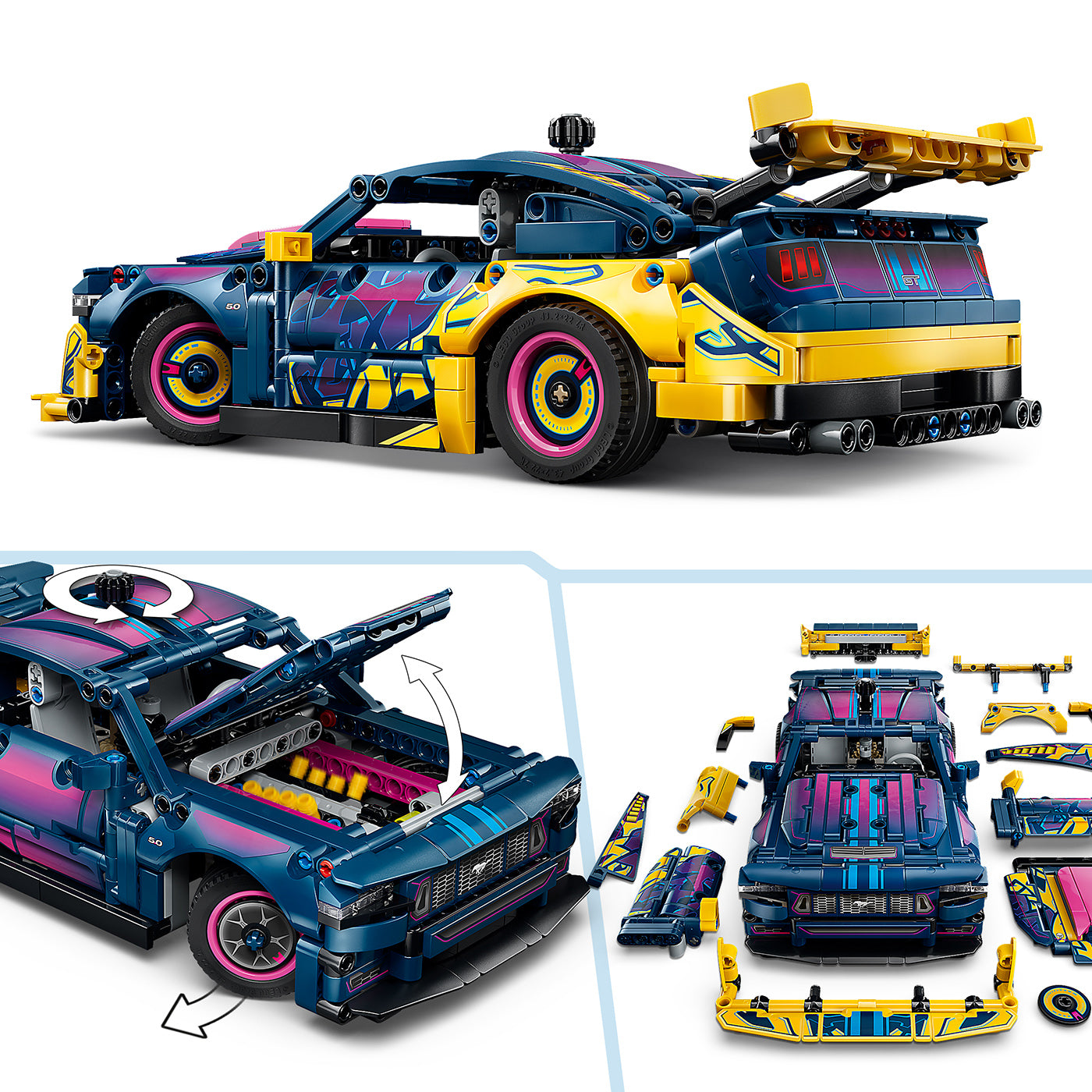 Toy car set with various parts displayed on a white background