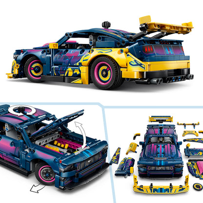 Toy car set with various parts displayed on a white background