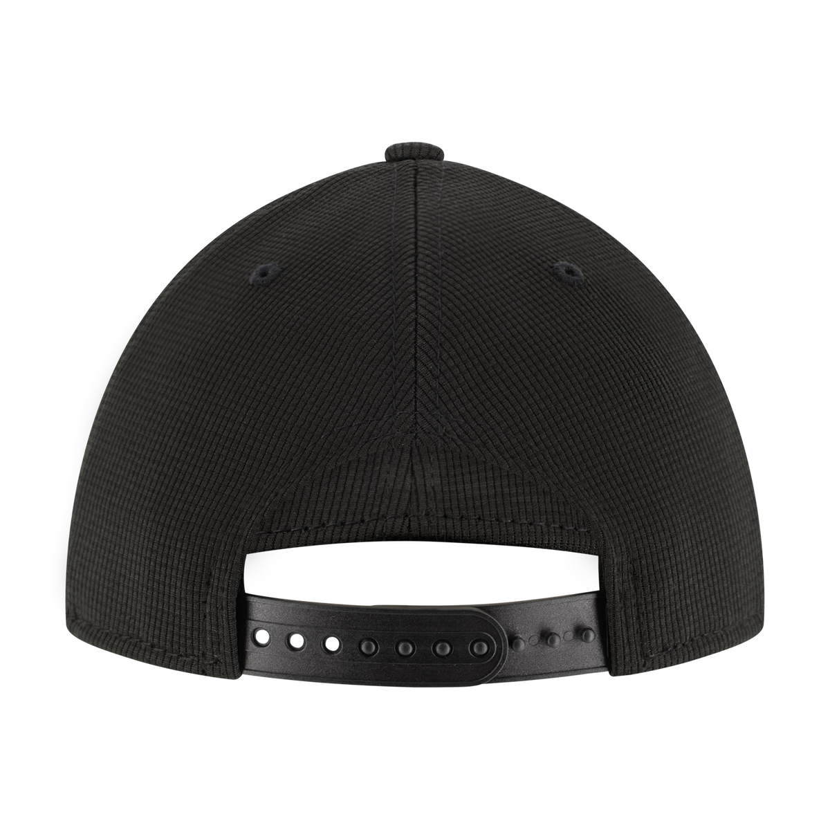 Black cap with a snapback strap on a white background