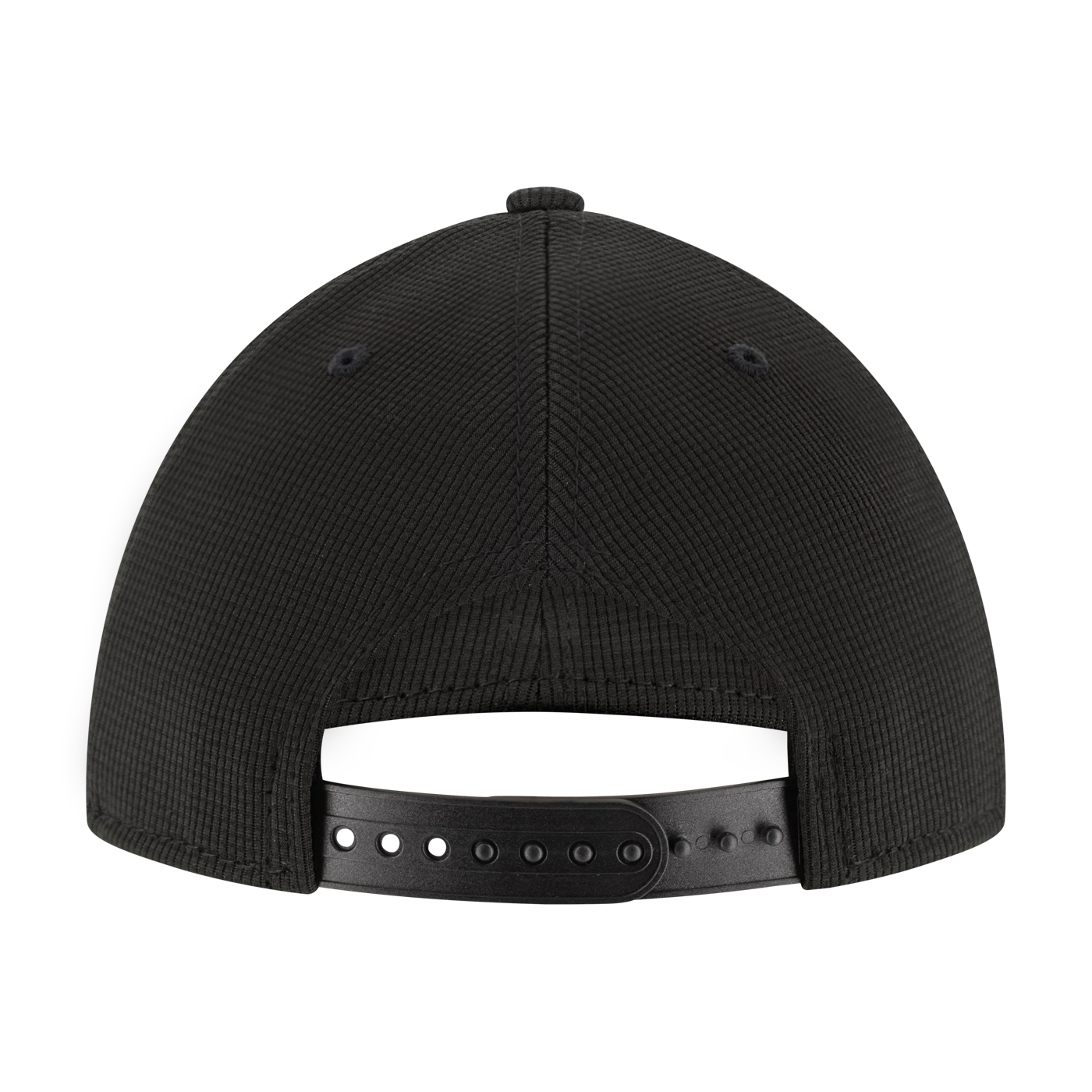 Black cap with a snapback strap on a white background