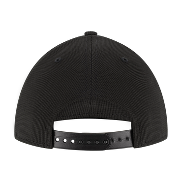 Black cap with a snapback strap on a white background