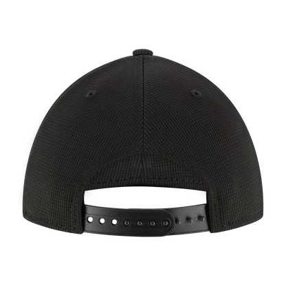 Black cap with a snapback strap on a white background