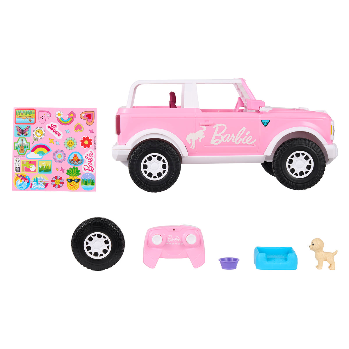 Barbie Bronco with dog, remote control, dog bed, sticker sheet, extra tire, and pet bowl on a white background 