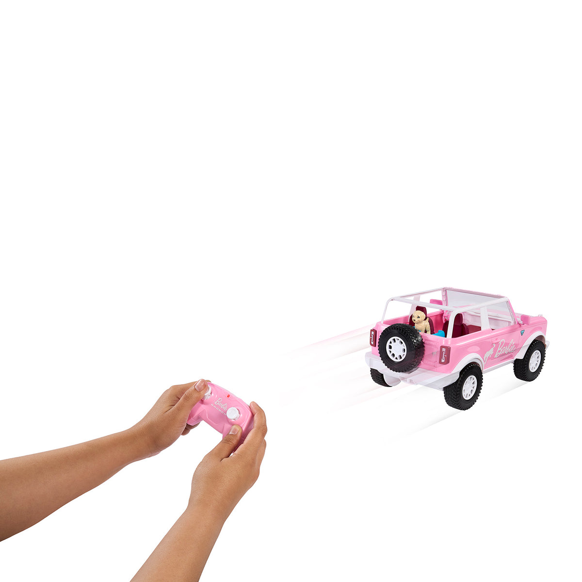 A pink remote-controlled toy Bronco car with a small doll inside, shown on a white background with a person's hands holding the matching pink remote control.