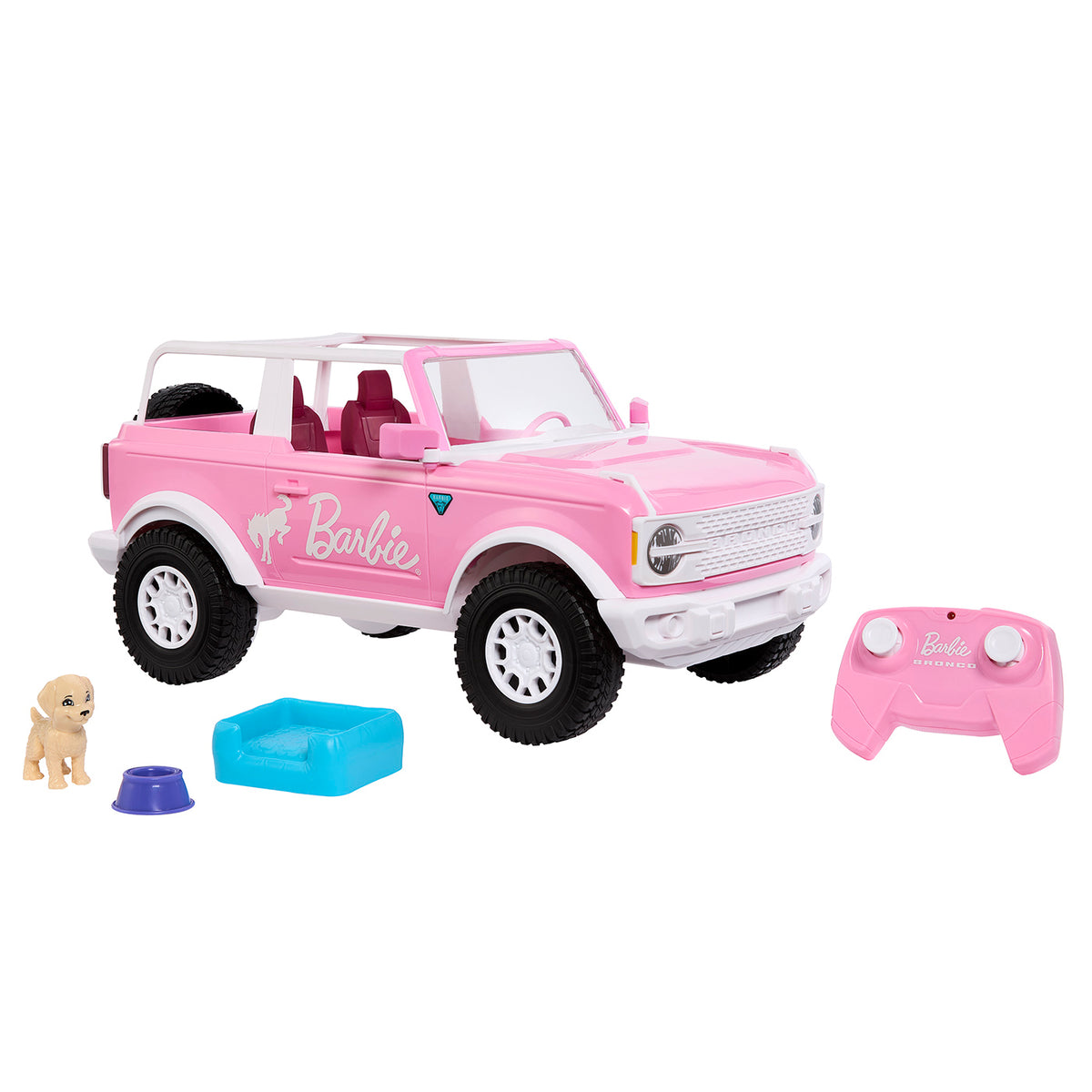 Barbie Bronco with dog, remote control, dog pet and pet bowl on a white background 