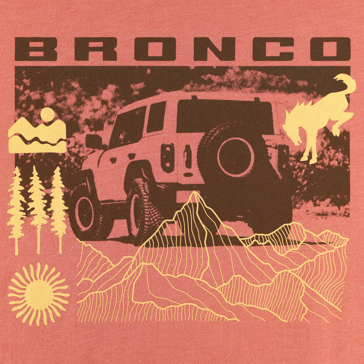 Vintage-style graphic of a Bronco SUV with mountain and nature elements on a pink background.