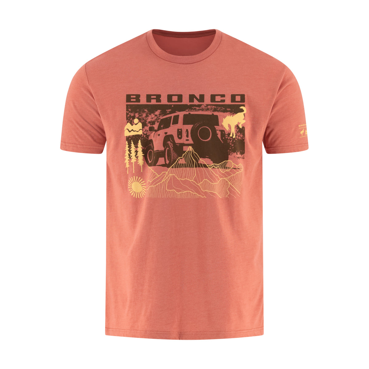 Peach-colored t-shirt with Bronco graphic on a white background