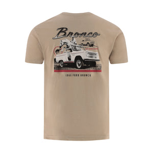 Beige t-shirt with a graphic of a 1965 Ford Bronco on a white background