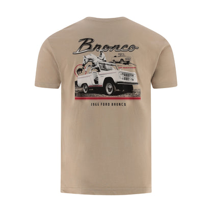 Beige t-shirt with a graphic of a 1965 Ford Bronco on a white background