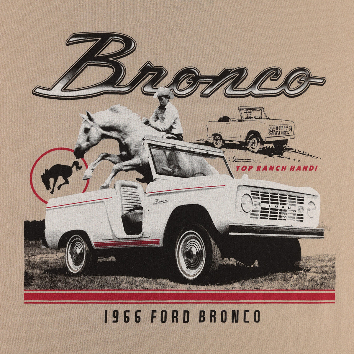 1966 Ford Bronco advertisement with a horse and rider graphic on a beige background