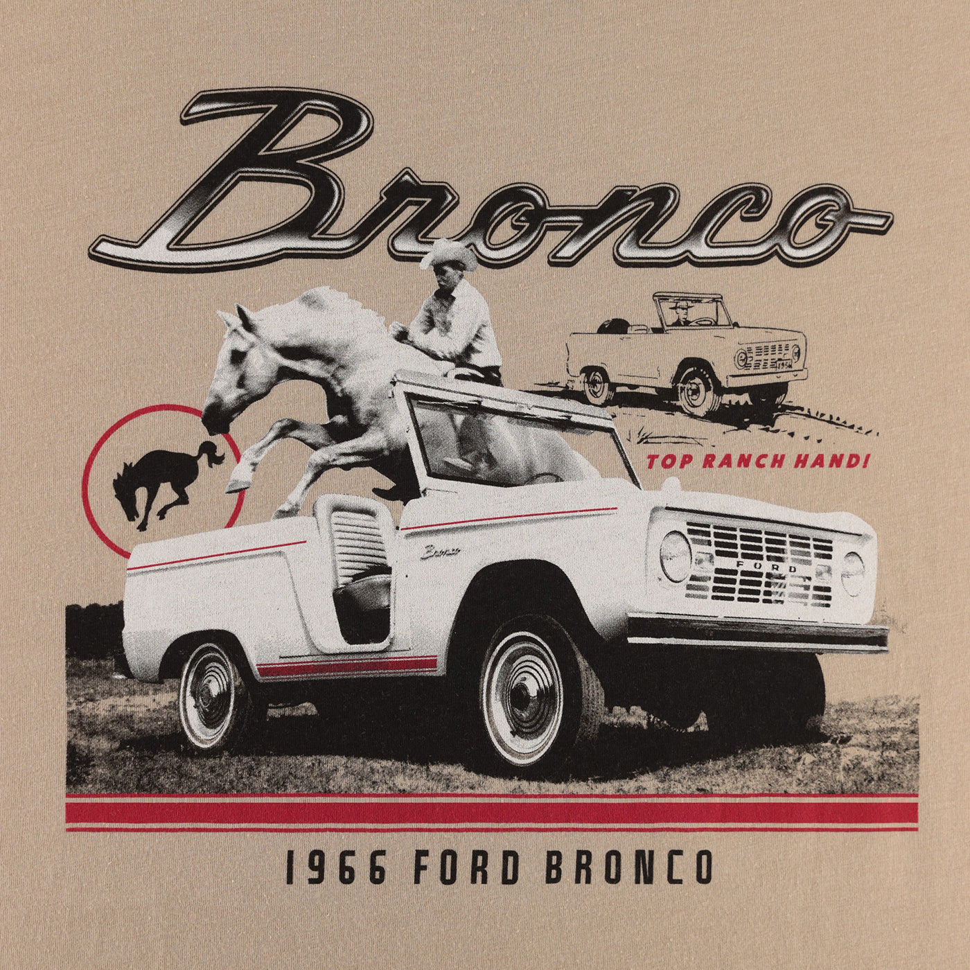 1966 Ford Bronco advertisement with a horse and rider graphic on a beige background
