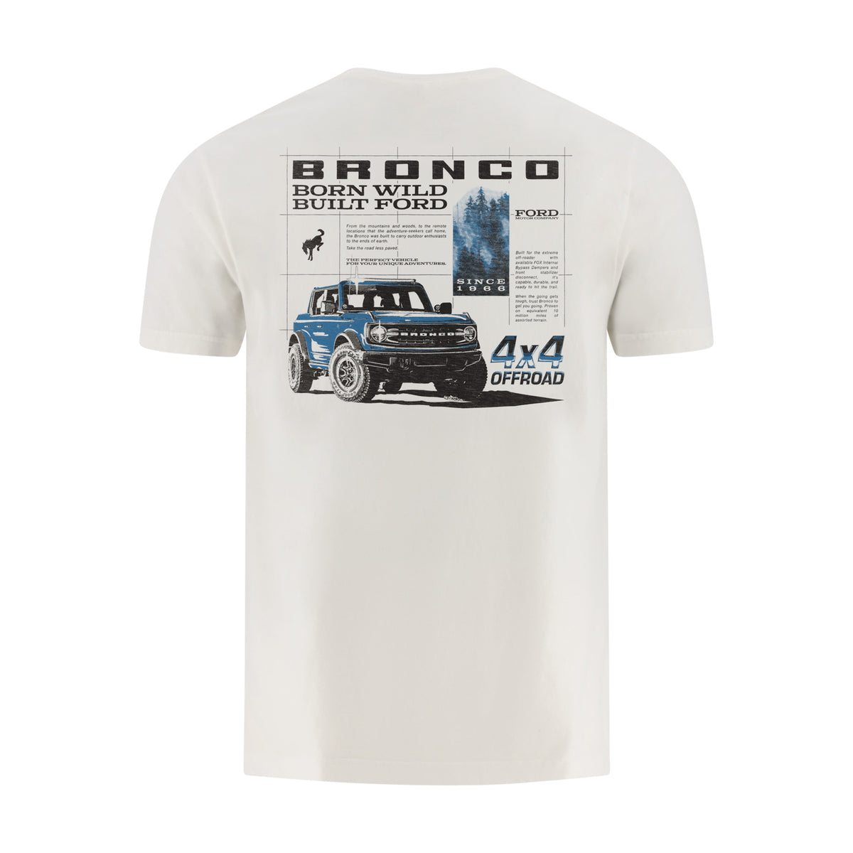 White t-shirt with Ford Bronco graphic and text on a white background