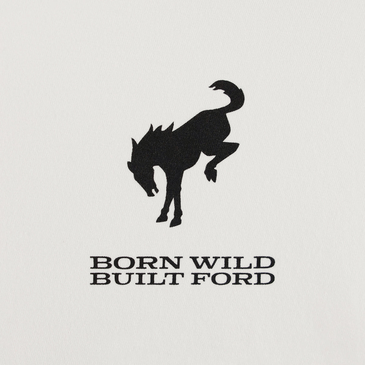 Black silhouette of a horse and text 'Born Wild Built Ford' on a light gray background