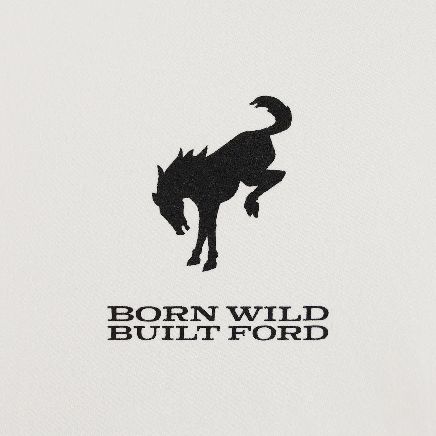 Black silhouette of a horse and text 'Born Wild Built Ford' on a light gray background