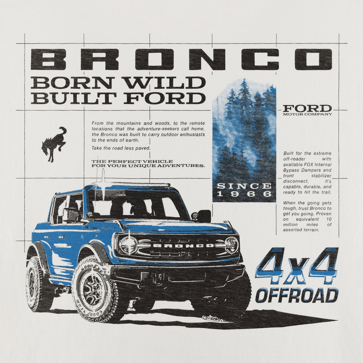 Advertisement for Ford Bronco with text and graphics on a white background