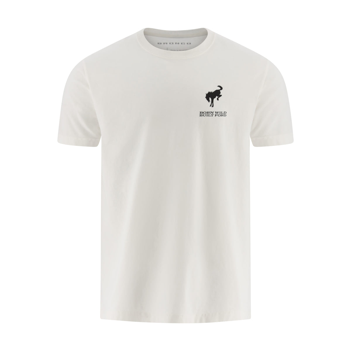 White t-shirt with a black Bronco logo on a white background