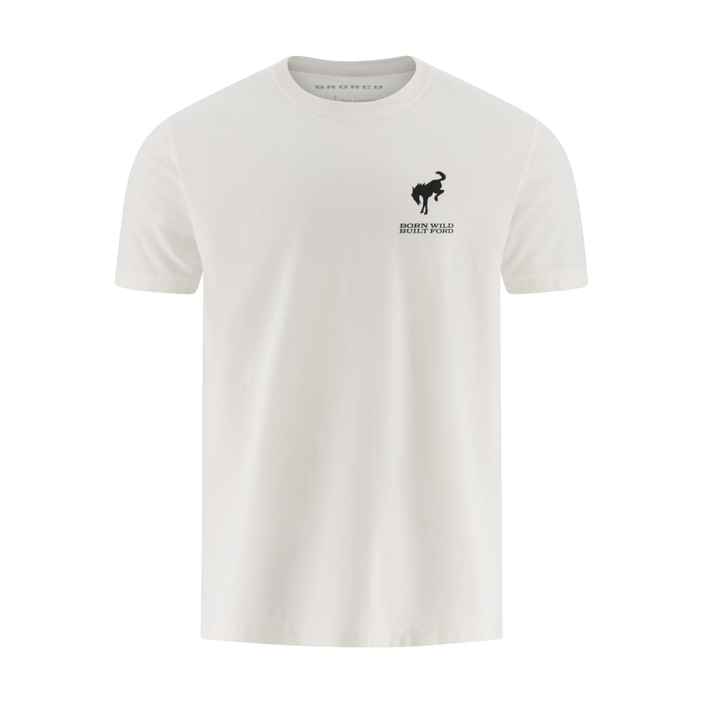 White t-shirt with a black Bronco logo on a white background