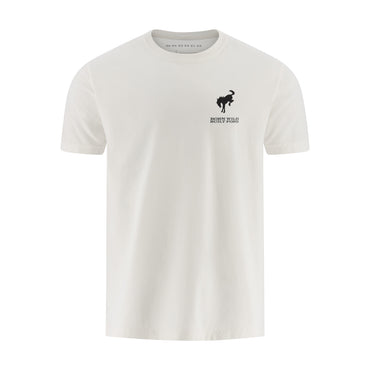 White t-shirt with a black Bronco logo on a white background