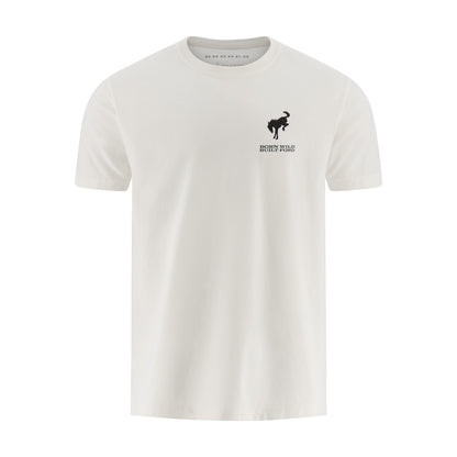 White t-shirt with a black Bronco logo on a white background