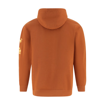 Orange hoodie with a logo on the sleeve against a white background