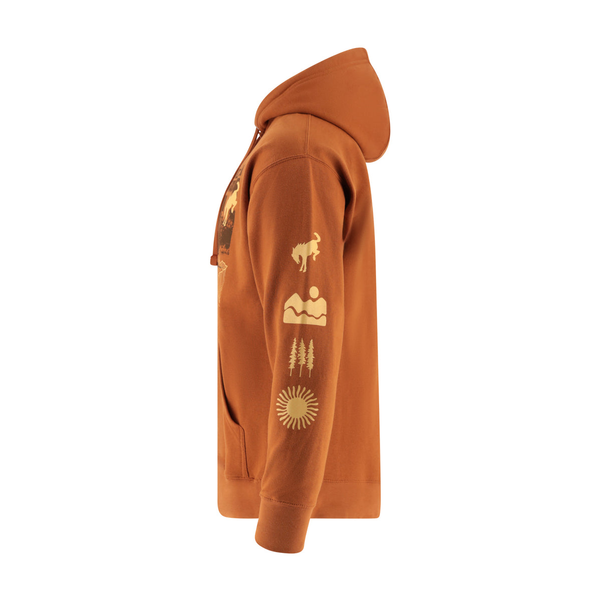 Orange Bronco hoodie with nature-themed graphics on a white background