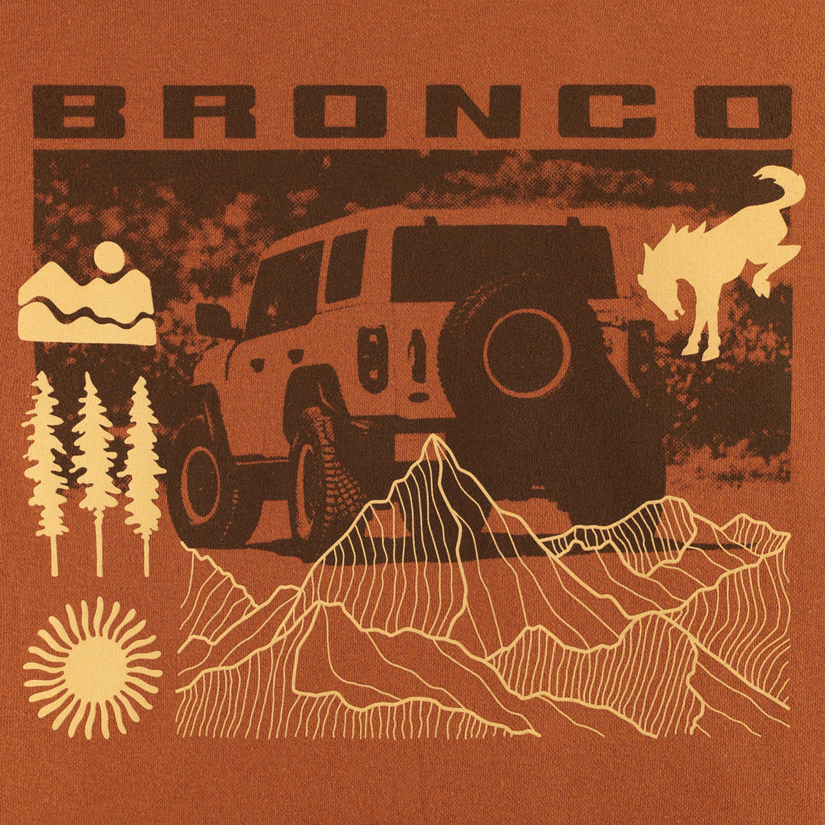 Bronco graphic with off-road vehicle, mountains, trees, and sun on a brown background