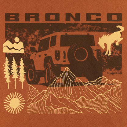 Bronco graphic with off-road vehicle, mountains, trees, and sun on a brown background