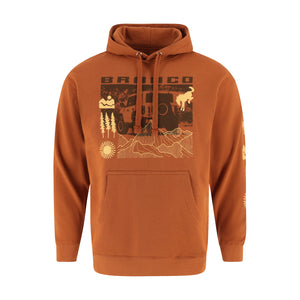Orange hoodie with a Bronco graphic design on a white background