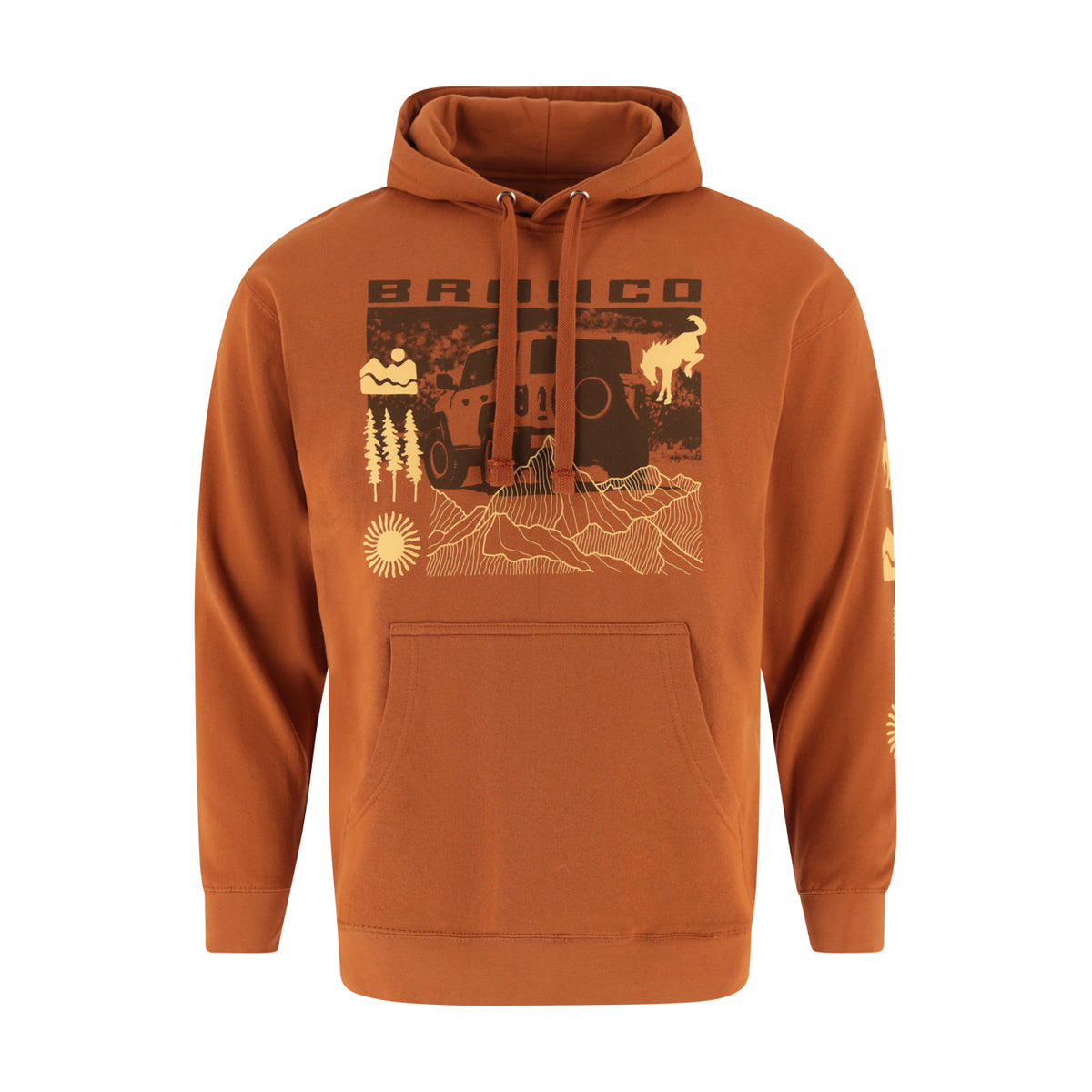 Orange hoodie with a Bronco graphic design on a white background