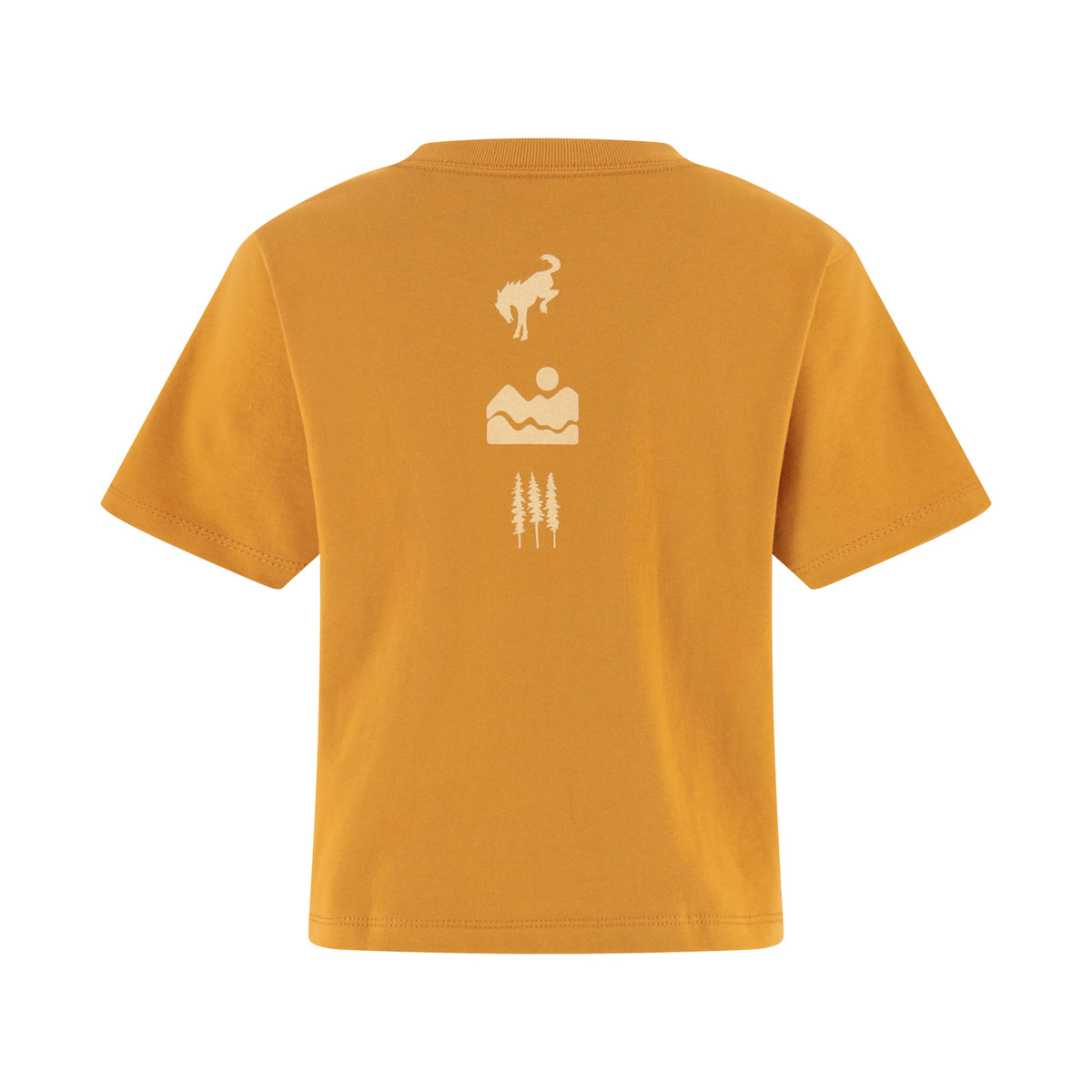 Yellow t-shirt with nature-themed graphics on a white background